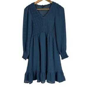 Lattcas Mini Dress Size S Blue Swiss Dot V-Neck Long Sleeve Cottagecore Peasant